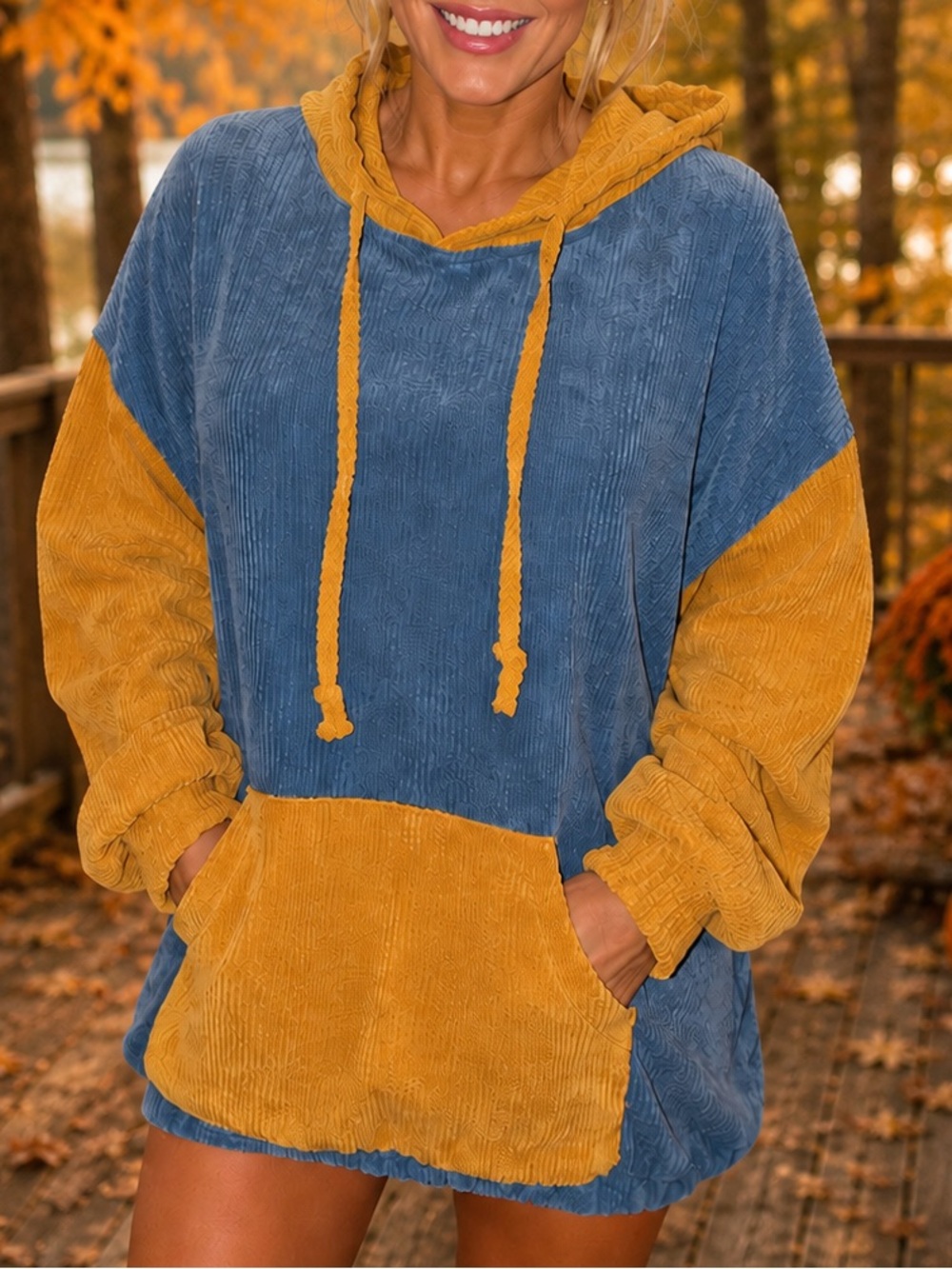 🍂 Blue & Mustard Corduroy Colorblock Oversized Hoodie Pullover XL